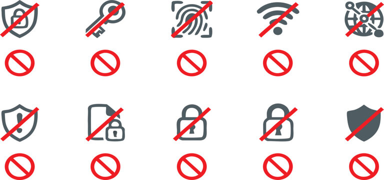 Ban VPN and security restriction icons editable stroke. Access denied vector set. Blocked internet and firewall prohibition line art symbols. No VPN allowed icons, Network security warning symbols.AI