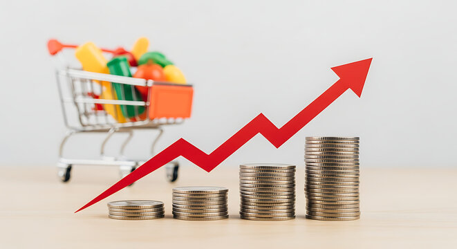 A shopping cart filled with groceries behind stacks of coins with a rising red arrow representing inflation and increasing food prices.
