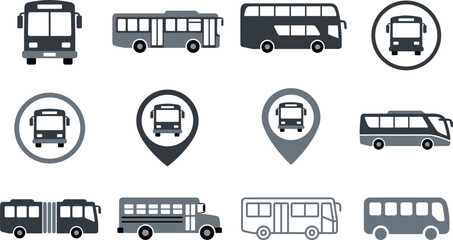 Public bus transport city station stop shuttle map location travel transit school vehicle tourism icon vector flat set © MOMINA
