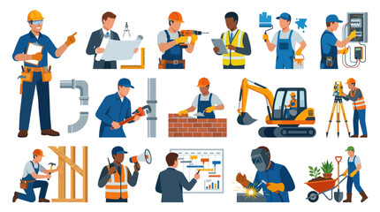 Fototapeta premium Flat Design Construction Workers and Equipment Icons Set