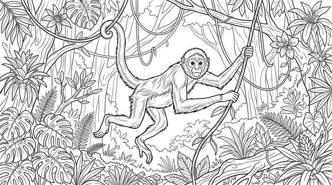 Hand drawn coloring page featuring a cute spider monkey in the tropical jungle.