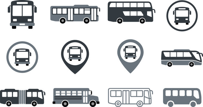 Public bus transport city station stop shuttle map location travel transit school vehicle tourism icon vector flat set