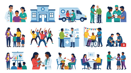 Fototapeta premium Healthcare and Community Support Services Flat Vector Illustration Set with Medical Professionals and Patients