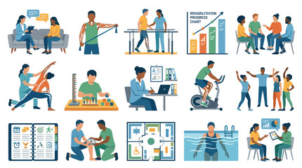 Fototapeta premium Medical Rehabilitation and Physical Therapy Flat Illustration Set for Patient Treatment, Exercise, and Recovery Progress