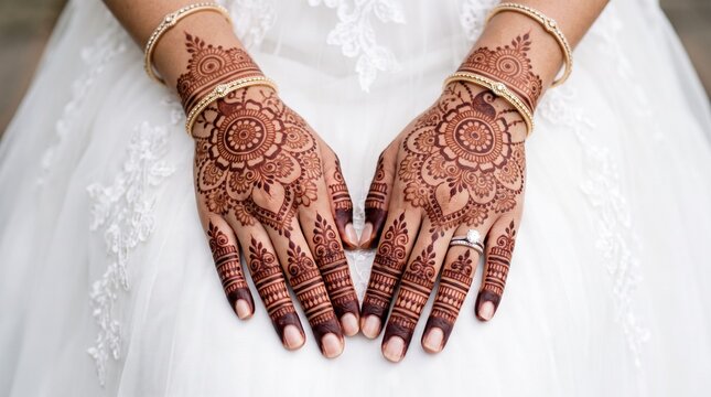 Close Up of Bridal Henna Tattoo Hands on White Wedding Dress