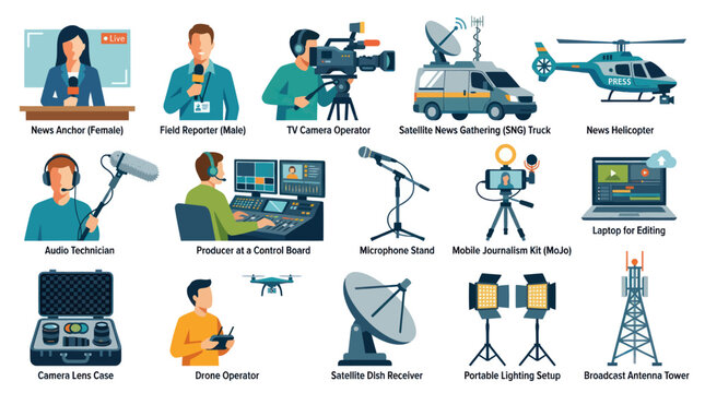 Broadcasting and News Production Equipment Set Icons. Flat Vector Illustration of Journalism Tools and Personnel.