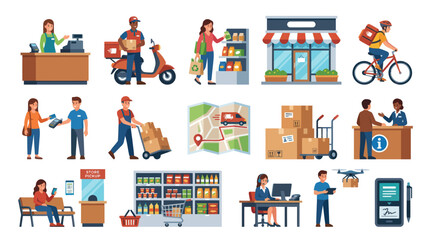 Naklejka premium Flat Art Icons: E-commerce Delivery, Logistics, Shopping, Retail, and Customer Service
