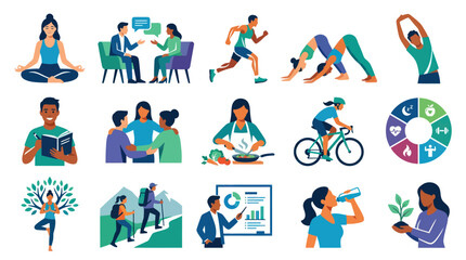 Fototapeta premium Modern Flat Vector Illustration Set of Diverse Healthy Lifestyle and Wellness Activities