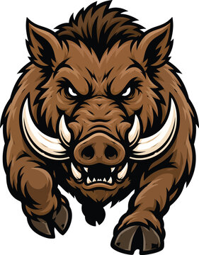 Aggressive wild boar mascot vector logo, fierce cartoon angry warthog head charging forward with sharp tusks for esports gaming team and sports POD design