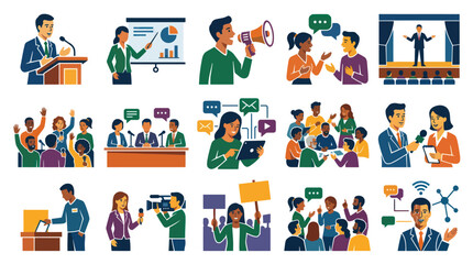 Fototapeta premium Communication and Public Relations Flat Vector Illustration: People Speaking, Meeting, Media, Social Interaction Concepts
