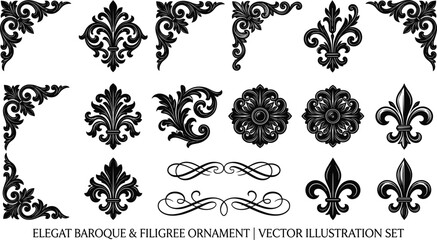Elegant Baroque and Filigree Ornament Vector Illustration Set with Fleur De Lis Corner Borders and Vintage Damask Swirl Design Elements © prosanjit