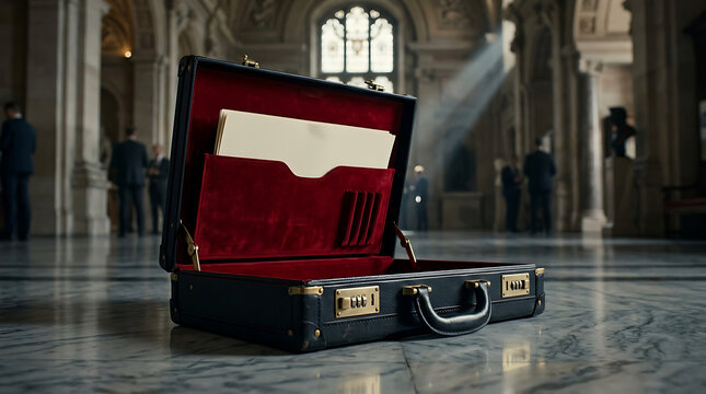 Open briefcase with red interior. Empty black case with gold hardware