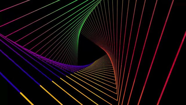 Abstract Rainbow Spiral Tunnel Motion Background with Hypnotic Neon Geometric Lines, Glowing Square Illusion, Endless Futuristic Depth, Seamless Loop Animation, Motion Graphics on Black Background