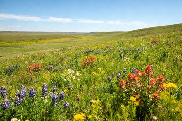 Obraz premium A vibrant meadow filled with colorful wildflowers under a clear blue sky