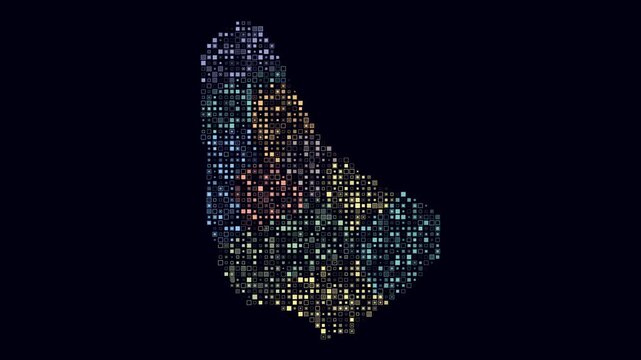 Barbados map animation. Shape of the country with pulsating colored dots. Small size square blocks. Digital style Barbados map on dark background. Stylish video.