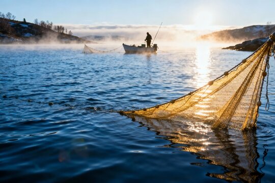 Fisherman casting net from boat on calm lake at sunrise with mist rising from water