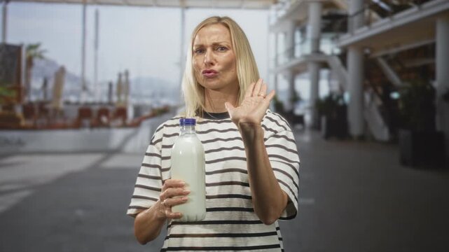 Middle aged blonde woman holding milk bottle, palm outstretched in stop gesture inside bright airport terminal; boundary setting defiance.
