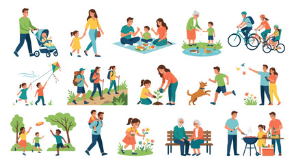 Fototapeta premium Flat Style Vector Illustration of Diverse Families and People Enjoying Outdoor Activities