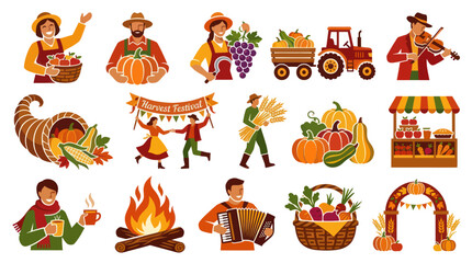 Fototapeta premium Happy Harvest Festival Icons: Farmers, Pumpkins, Tractor, Violin, Cornucopia, Food Stall