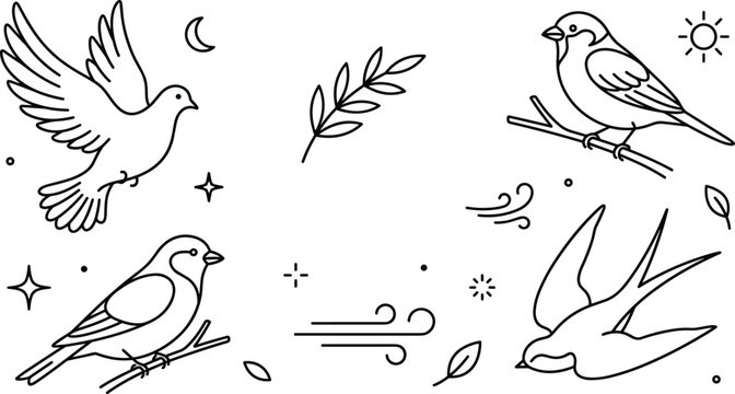 Minimalist Bird Vector Element Set Featuring Flying Dove Swallow Perched Sparrows Olive Branch Wind Leaves Sun and Moon Line Art Icons