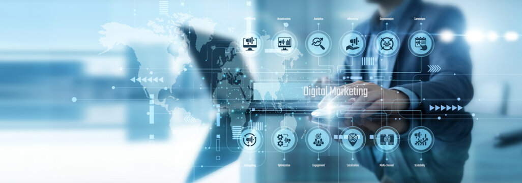 Marketing strategist using laptop analyzing Digital Marketing. The expert tracks campaign engagement metrics and audience conversion rates to refine branding efforts and boost web presence.
