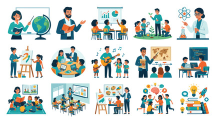 Fototapeta premium Flat Style Education and Learning Vector Icons with Teachers and Students