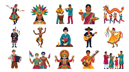 Fototapeta premium Diverse Cultures Celebration People Dancing Music Art Flat Style Vector Icons
