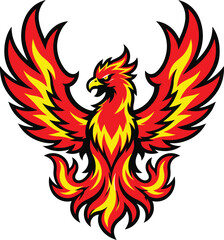 Naklejka premium Majestic phoenix mascot vector logo, aggressive mythological firebird head with spreading wings and flames for esports gaming team and streetwear POD design