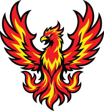 Majestic phoenix mascot vector logo, aggressive mythological firebird head with spreading wings and flames for esports gaming team and streetwear POD design