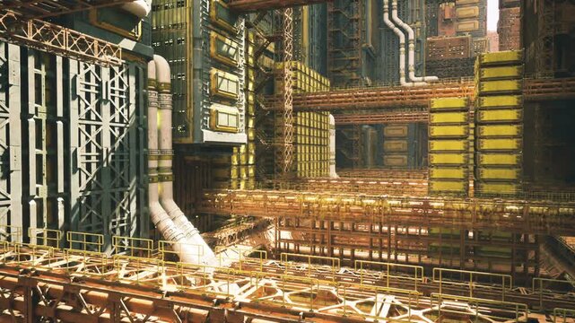 busy logistics staging zone with stacked pallets, bridging walkways, heavy conduits, illuminated corridors and coordinated cargo pathways under warm haze