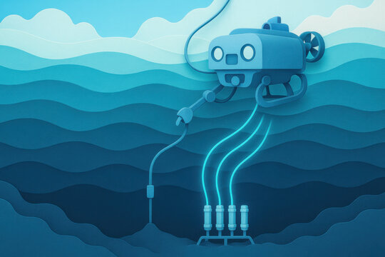 Submarine drone deploying ocean temperature sensor underwater, with cables connecting to seafloor equipment in deep blue sea