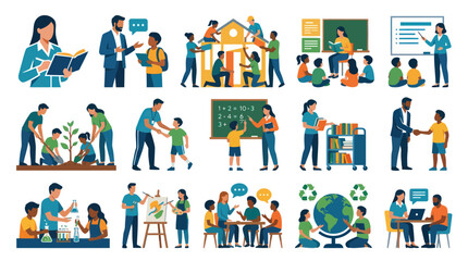 Fototapeta premium Diverse Education and Learning Flat Vector Illustration Set: Teachers, Students, School Activities, and Development.