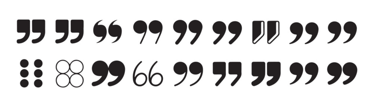 Set of various quotation mark symbols for typography layout design elements on transparent background grid.