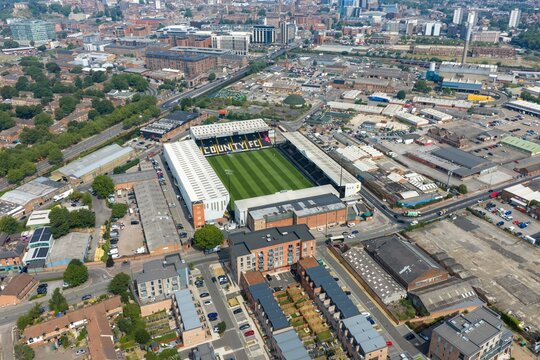 Nottingham England, 16th July 2026: Aerial photo of Notts County Football Club Meadow Lane stadium in Nottingham England showing the historic football ground from above with Nottingham city centre