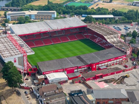 Nottingham England, 16th July 2026: Aerial photo of Nottingham Forest Football Club City Ground stadium in Nottingham England showing the famous football stadium from above with the Brian Clough Stand