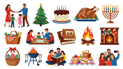 Naklejka premium Flat Style Vector Illustration: Family Celebrations Holidays Icons Set