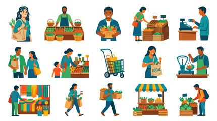 Fototapeta premium Flat Vector Illustrations of Grocery Shopping and Farmers Market Scenes with Diverse Customers and Vendors