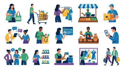 Fototapeta premium Flat Illustration Set: Online Shopping, Delivery, Customer Service Retail