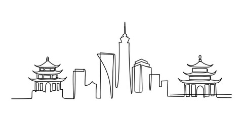 Obraz premium Continuous single line drawing of taipei city skyline with modern skyscrapers and traditional chinese pagoda temple buildings Vector, illustration