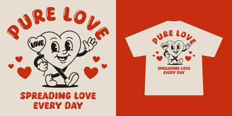 Fototapeta premium Cute vintage Heart Mascot Retro Valentine T shirt Design Illustration