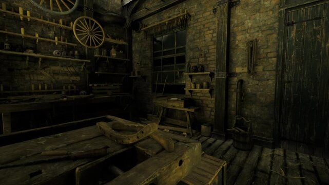 Moody vintage carpentry shop interior with dusty workbench and wheel. Atmospheric brick walls, worn floorboards, scattered shavings, old lathe, hanging tools,