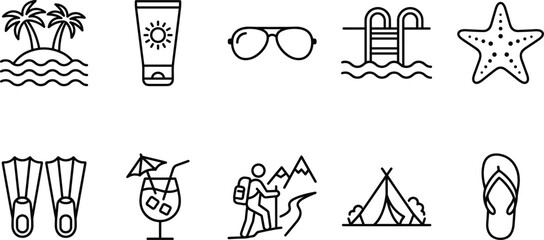 Vacation and travel outline icons set showing beach resort activities hiking equipment and summer holidays. © Emongrapic