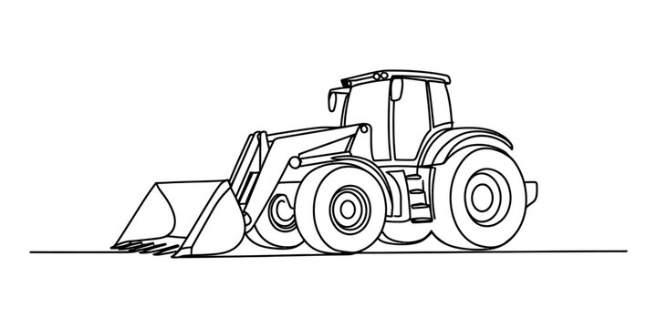 Black and white line art drawing of a farming tractor with a front loader bucket isolated on a clean white background for design Vector, illustration