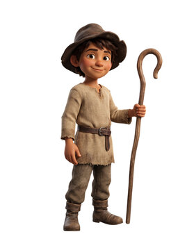 Cute 3d cartoon shepherd boy character holding wooden staff