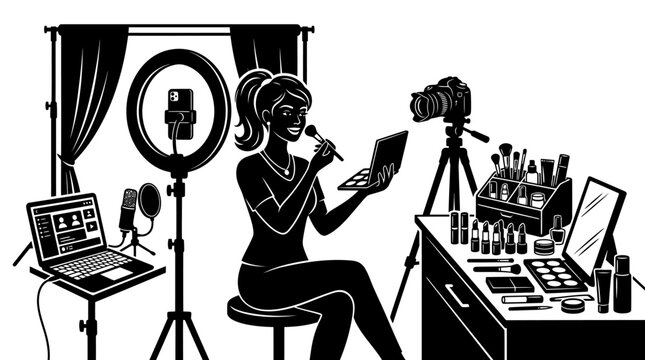 Beauty influencer recording a makeup tutorial video in a professional home studio setup for online content