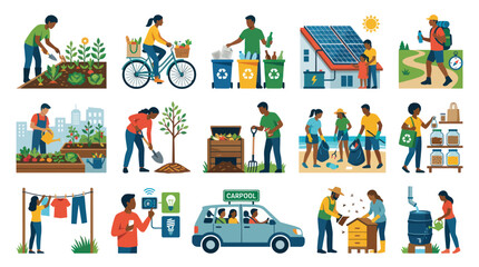 Fototapeta premium Green Living Sustainable Lifestyle Flat Illustration Set: Environmental Protection, Eco-Friendly Activities, Concepts