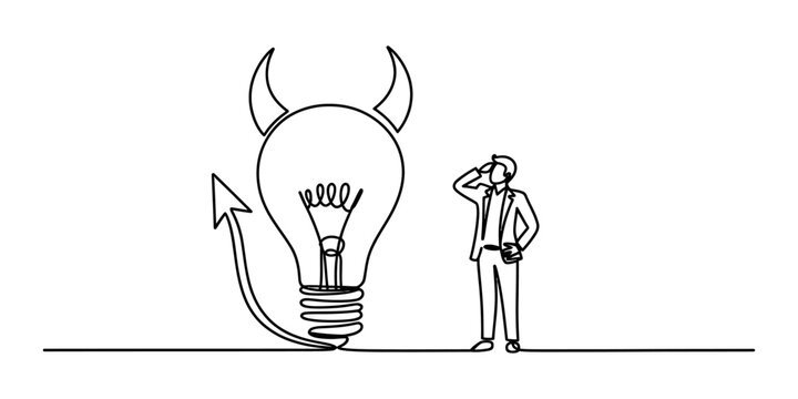 Continuous single line drawing of a businessman standing and looking at a creative light bulb idea with devil horns and a tail Vector, illustration