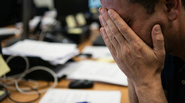 Stressed Businessman Feeling Overwhelmed and Exhausted at Work in a Busy Office Environment
