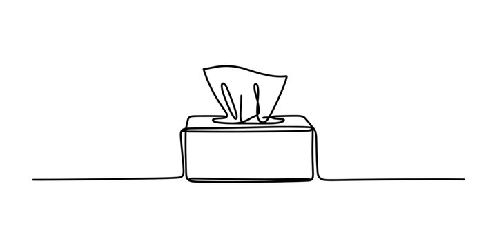 Continuous one line drawing of a facial tissue paper box with a single sheet pulled out for hygiene and cleaning at home or office Vector, illustration