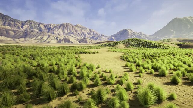 Expansive semi arid landscape with shrubs sprouting across cracked soil at mountain foothills under clear blue sky, warm sunlight accentuating vibrant green